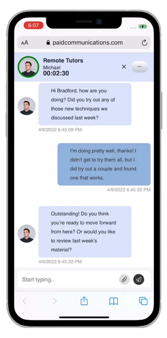 A paid chat session on a phone, with the session timer running
