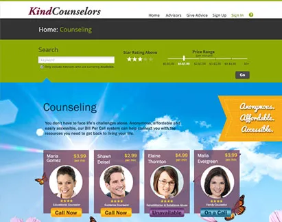 Counseling site search by price, rating or keyword
