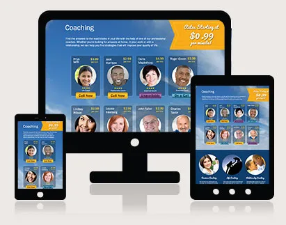 Mobile-ready coaching home page with categories and subcategories
