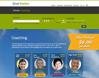 Coaching site search by price, rating or keyword