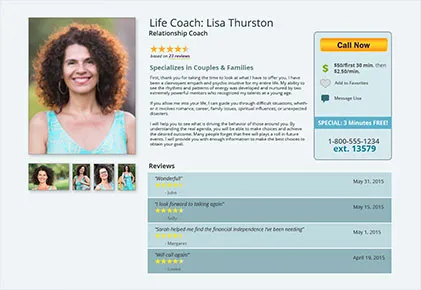 Life coach profile page with photos